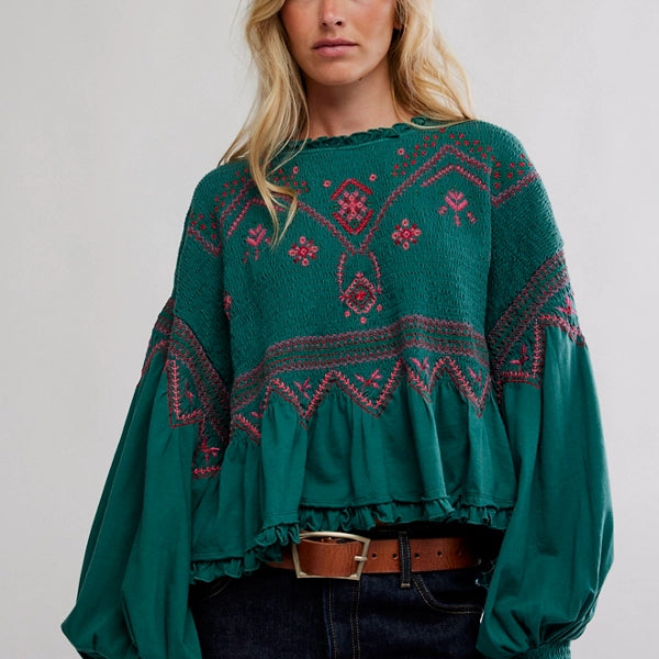 FREE PEOPLE HOLLY KNIT TOP - GREEN COMBO