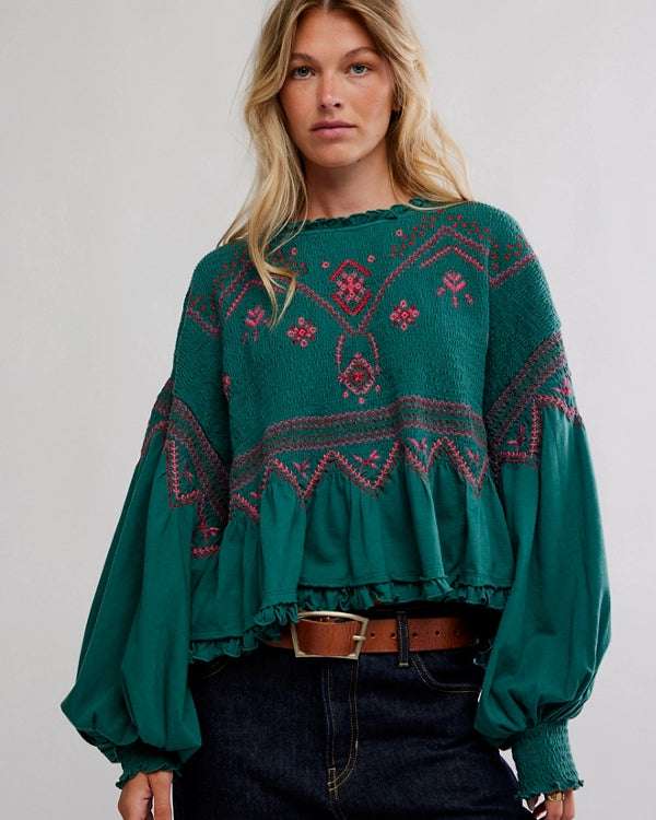 FREE PEOPLE HOLLY KNIT TOP - GREEN COMBO