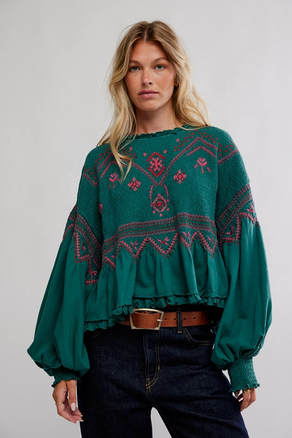 FREE PEOPLE HOLLY KNIT TOP - GREEN COMBO