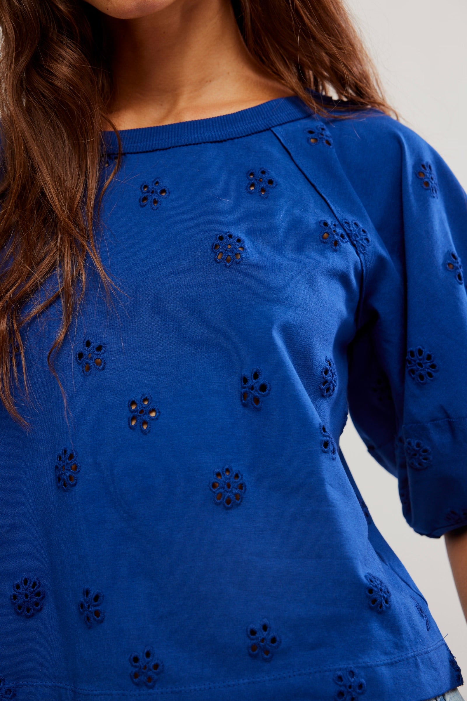 FREE PEOPLE JESSIE EYELET TEE - NAVY COMBO