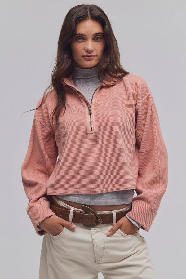 FREE PEOPLE CELESTE QUARTERZIP PULLOVER - CORAL PINK