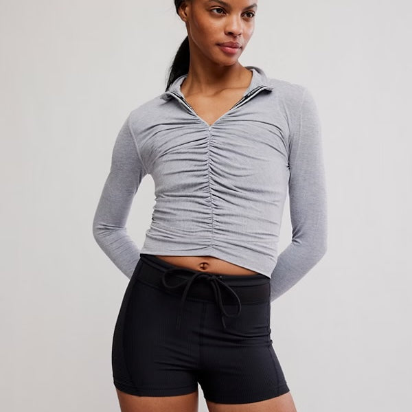 FREE PEOPLE TEMPO RUCHED HALF ZIP PULLOVER - HEATHER GREY