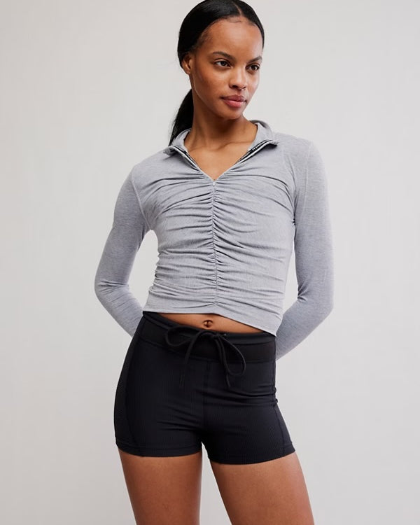 FREE PEOPLE TEMPO RUCHED HALF ZIP PULLOVER - HEATHER GREY