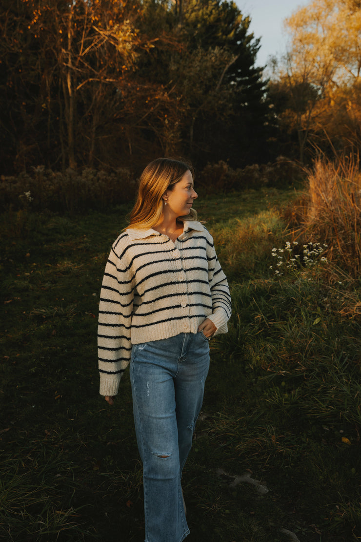 CANDICE KNITTED STRIPED CARDIGAN - NAVY