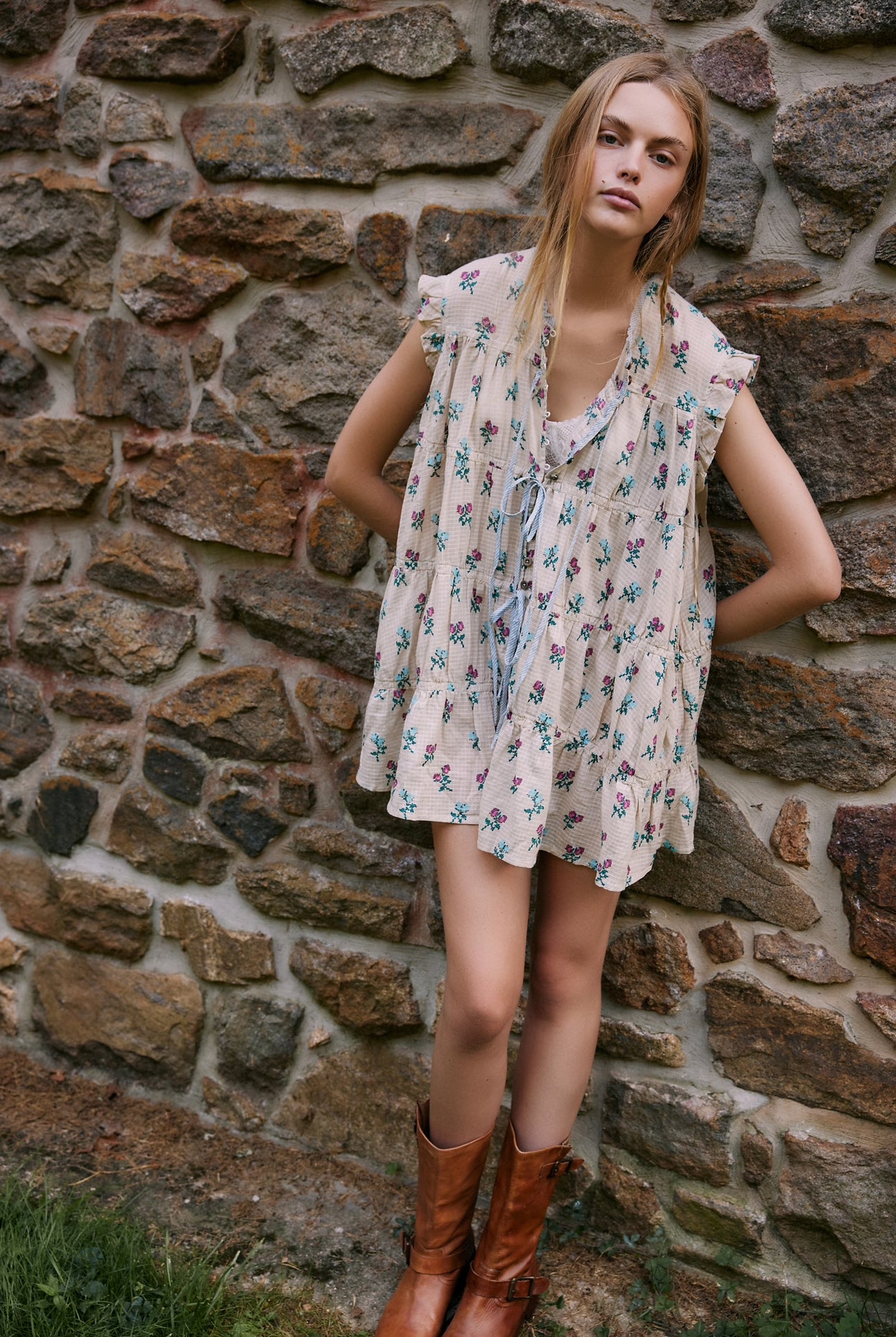 free people sundown mini dress Free People Sundown ditsy print smock mini dress in blue