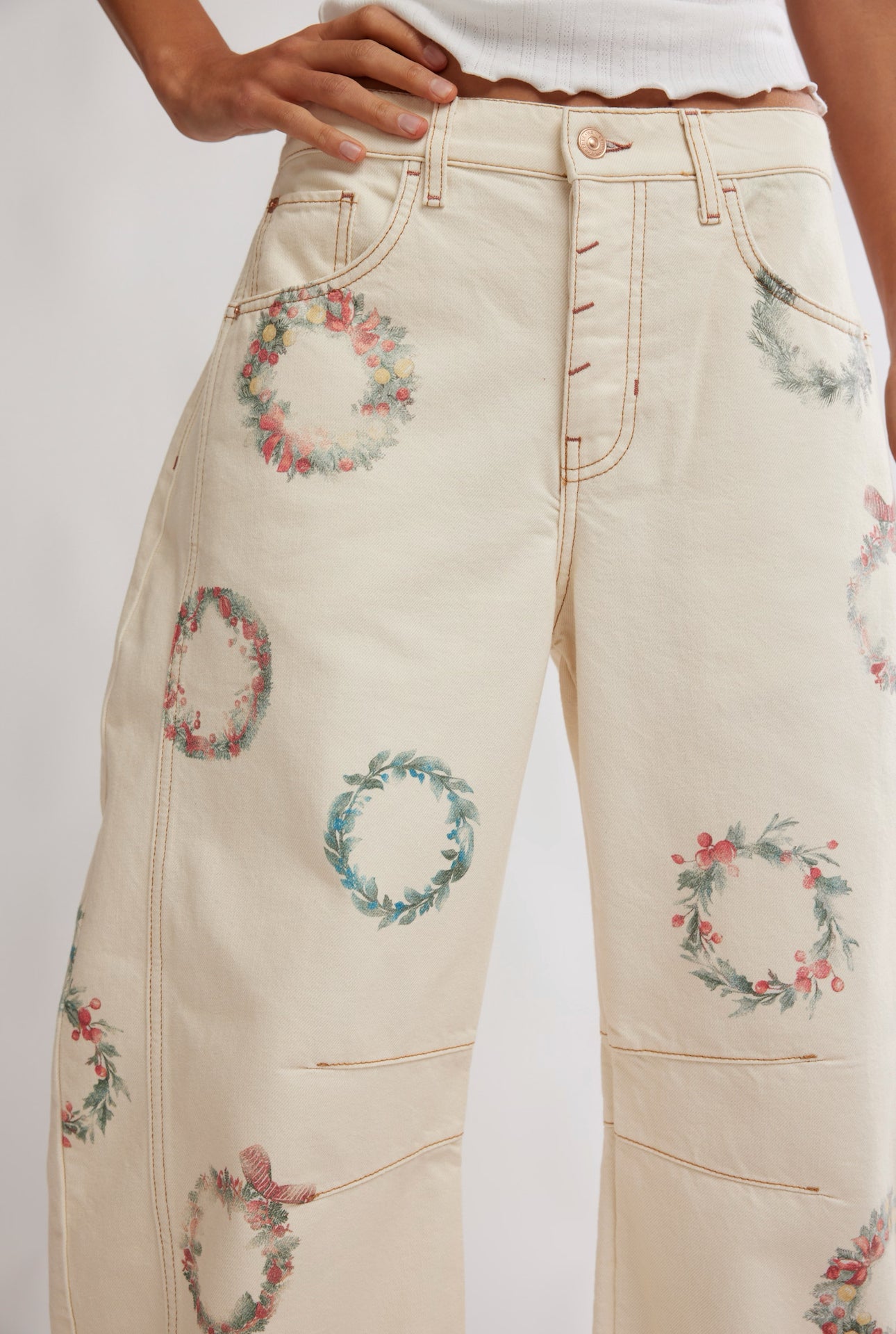 FREE PEOPLE GOOD LUCK PRINTED BARREL JEANS - WATERCOLOR WREATH