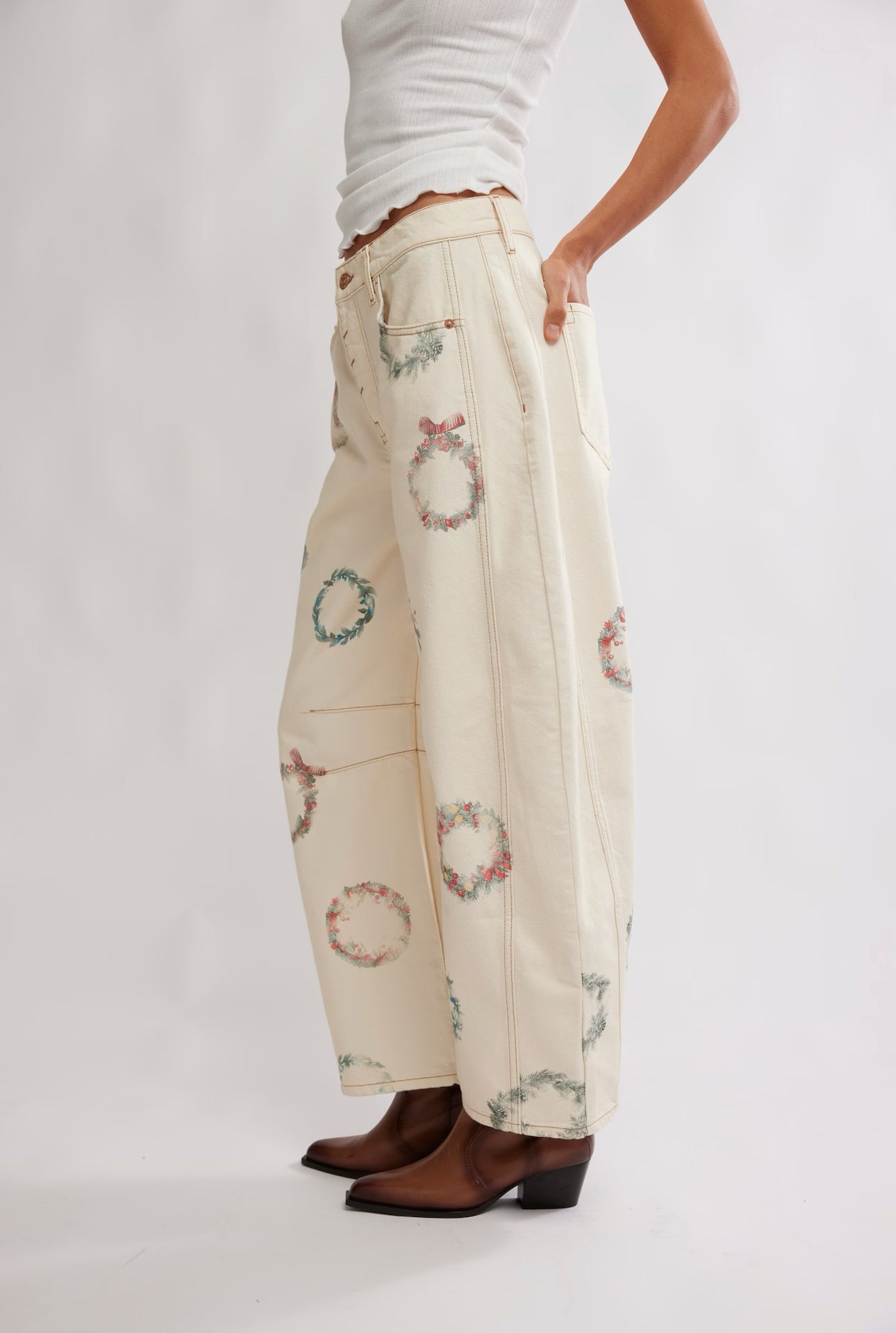 FREE PEOPLE GOOD LUCK PRINTED BARREL JEANS - WATERCOLOR WREATH