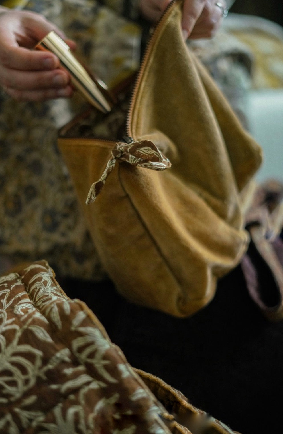 BLOCK PRINT LINED VELVET POUCH - CAMEL