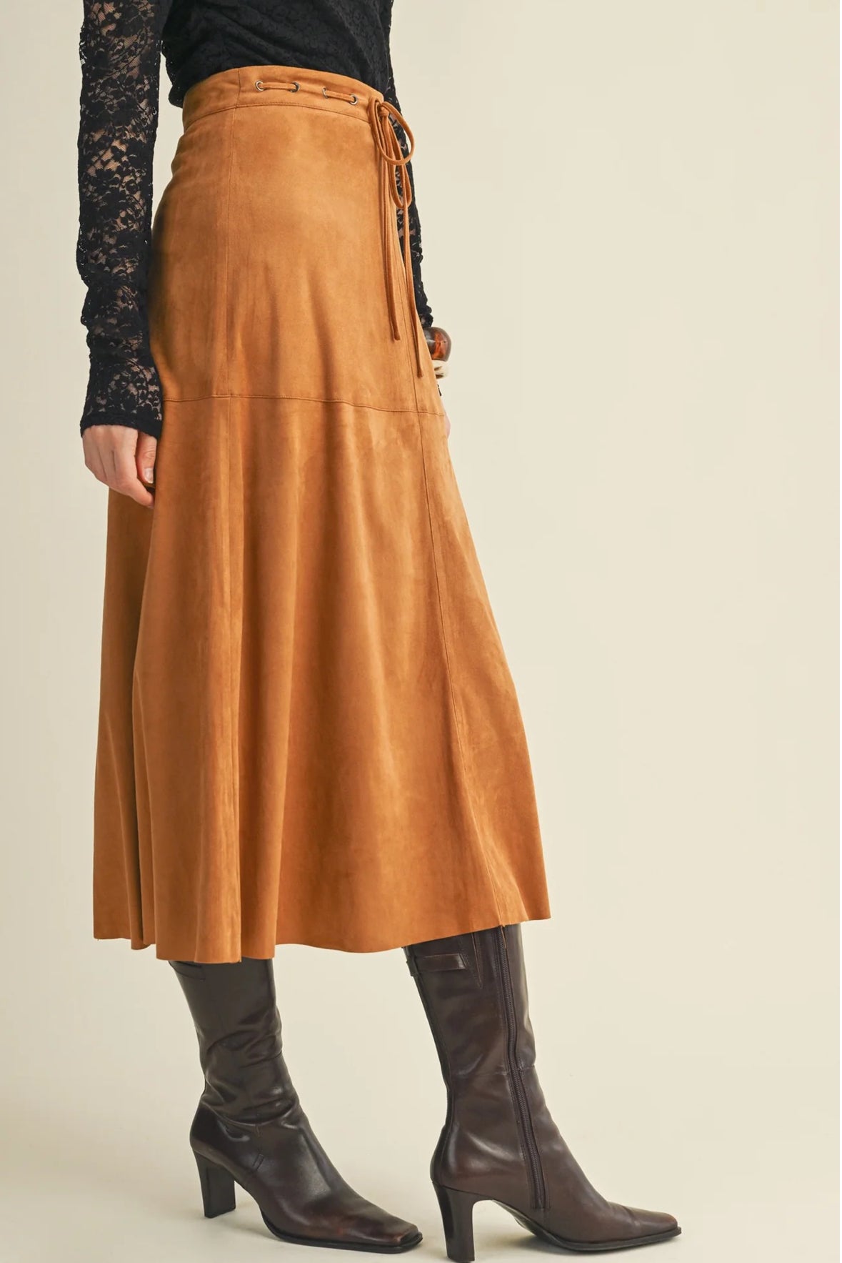 MS DRAWSTRING SUEDE A LINE SKIRT - CAMEL