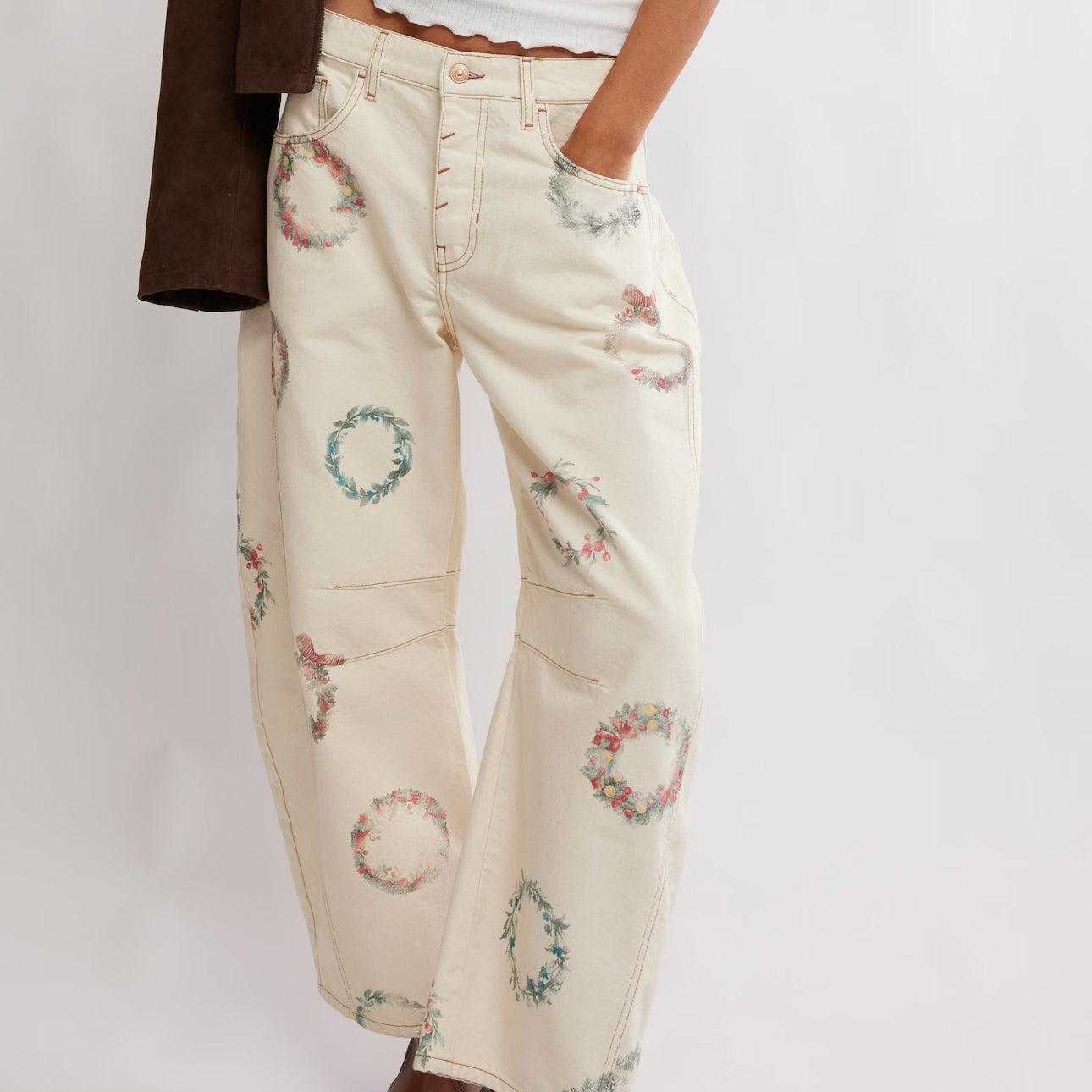 FREE PEOPLE GOOD LUCK PRINTED BARREL JEANS - WATERCOLOR WREATH