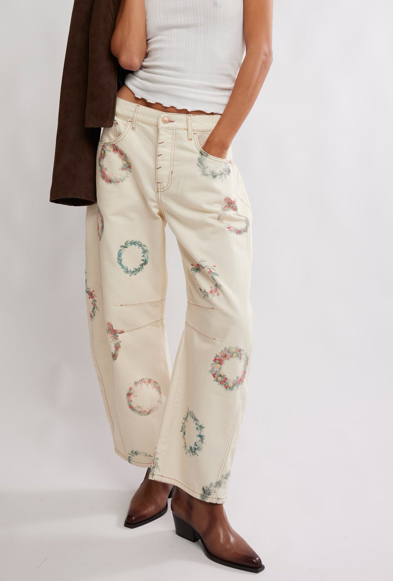 FREE PEOPLE GOOD LUCK PRINTED BARREL JEANS - WATERCOLOR WREATH