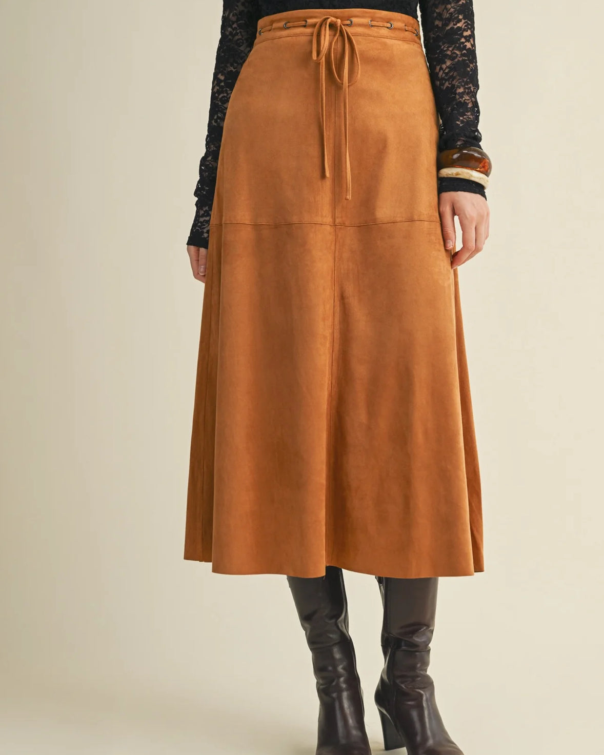MS DRAWSTRING SUEDE A LINE SKIRT - CAMEL