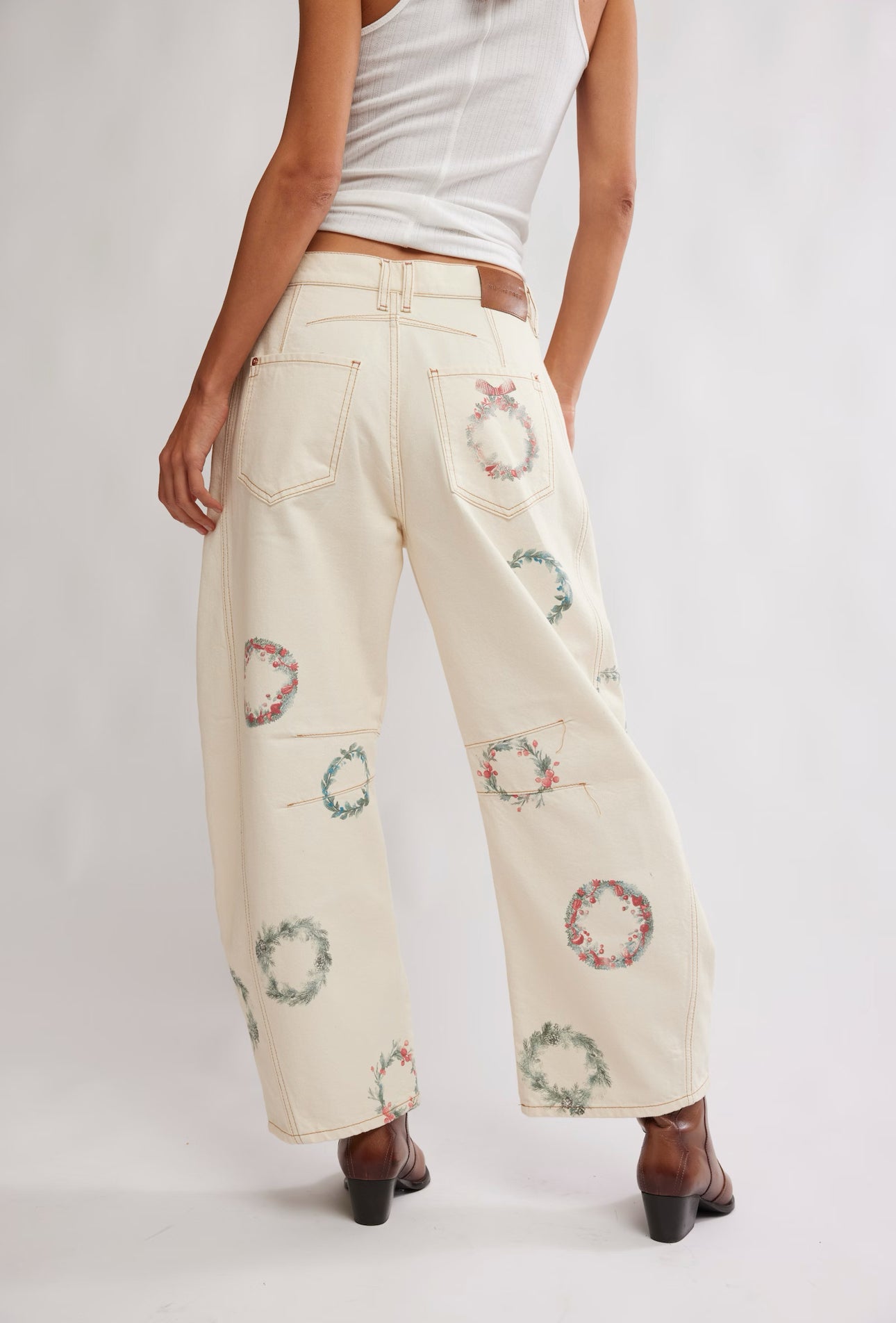 FREE PEOPLE GOOD LUCK PRINTED BARREL JEANS - WATERCOLOR WREATH