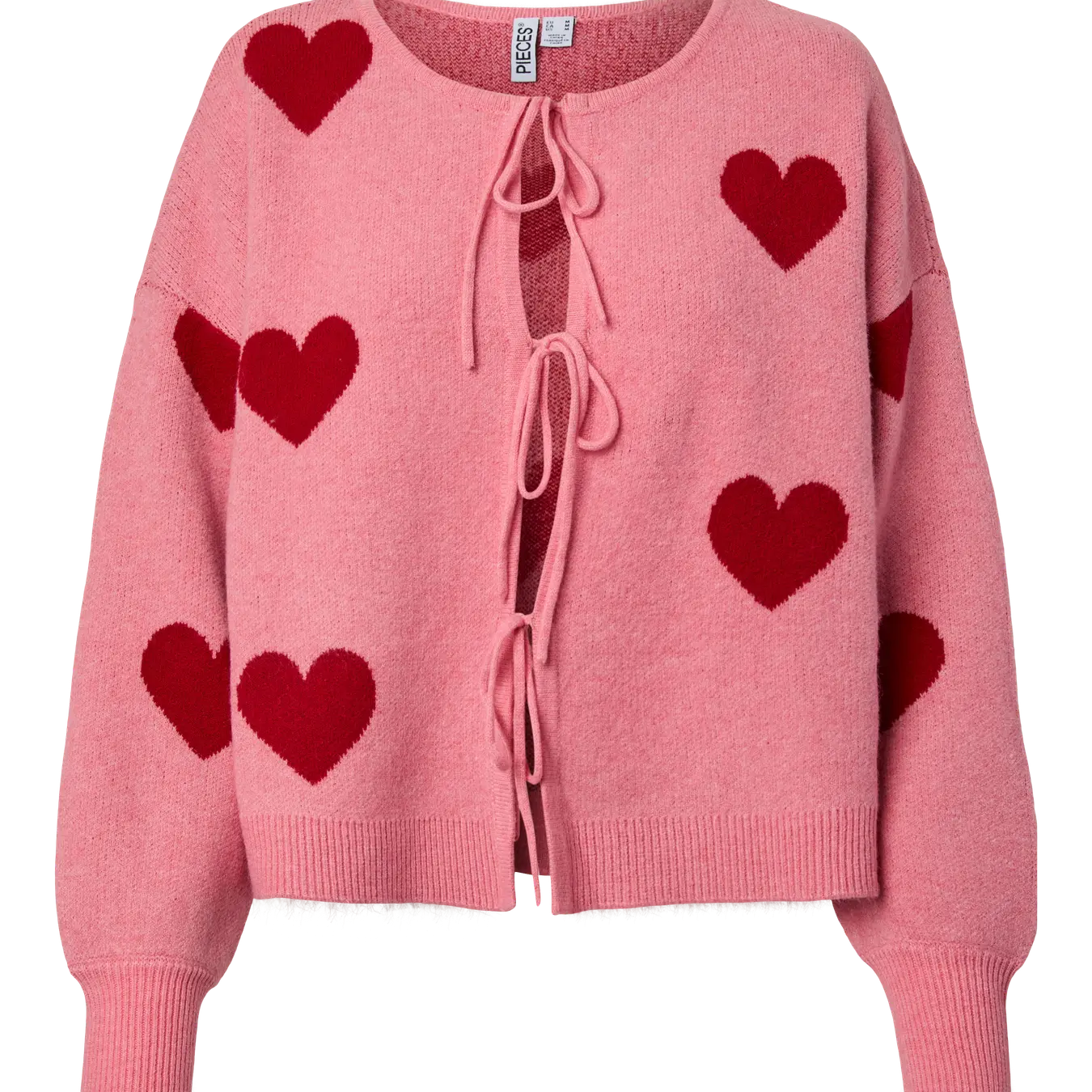 PIECES KIPP O NECK TIE CARDIGAN - ROSE + RED HEARTS