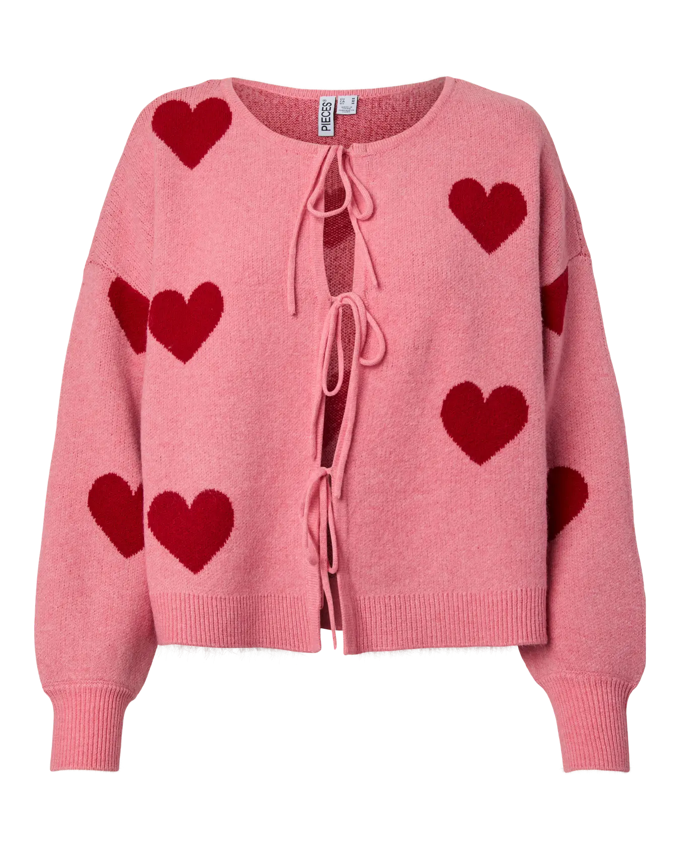 PIECES KIPP O NECK TIE CARDIGAN - ROSE + RED HEARTS