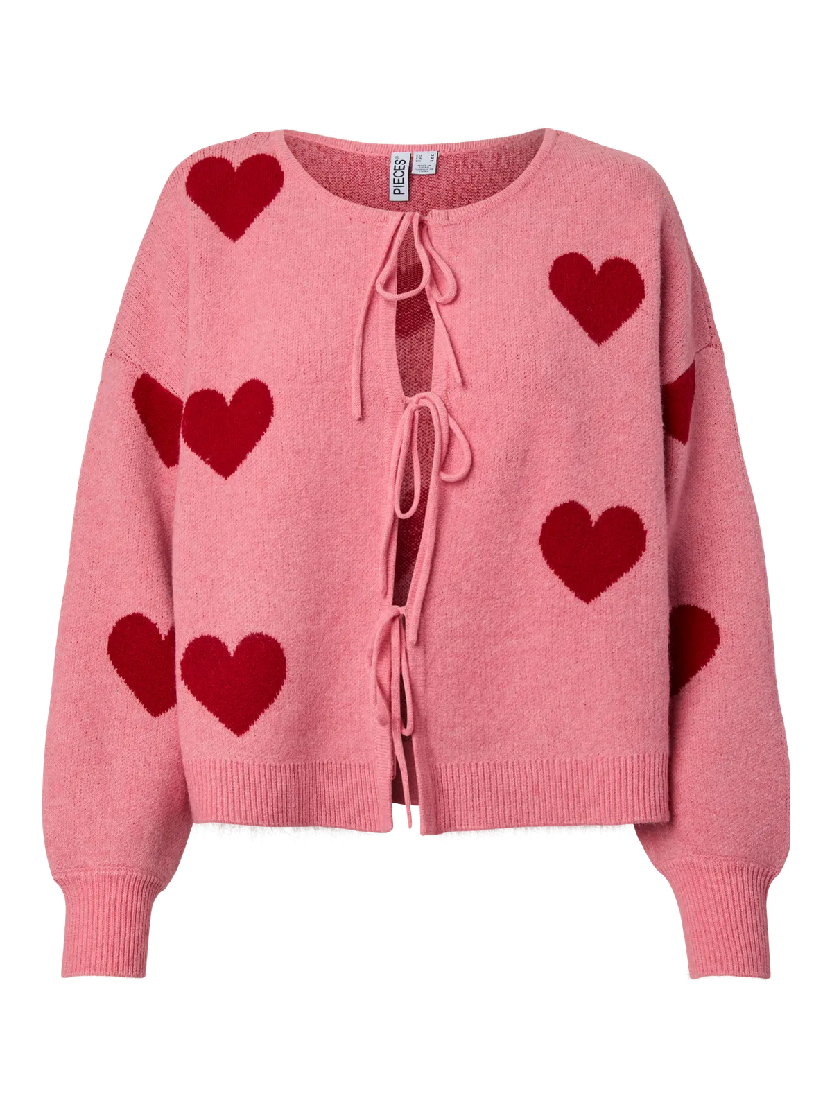 PIECES KIPP O NECK TIE CARDIGAN - ROSE + RED HEARTS