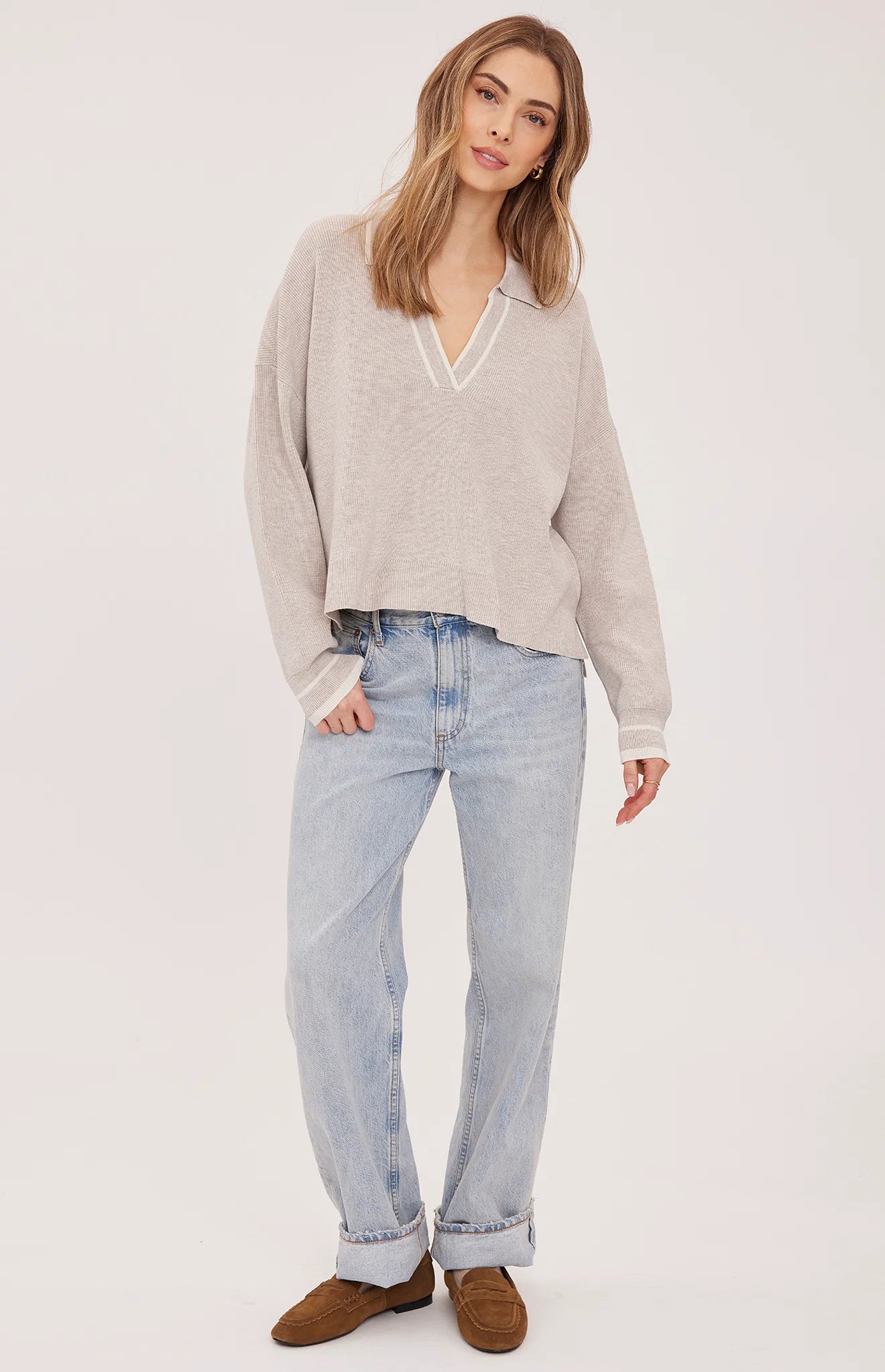 GENTLE FAWN TRISTAN V NECK SWEATER - HEATHER LATTE