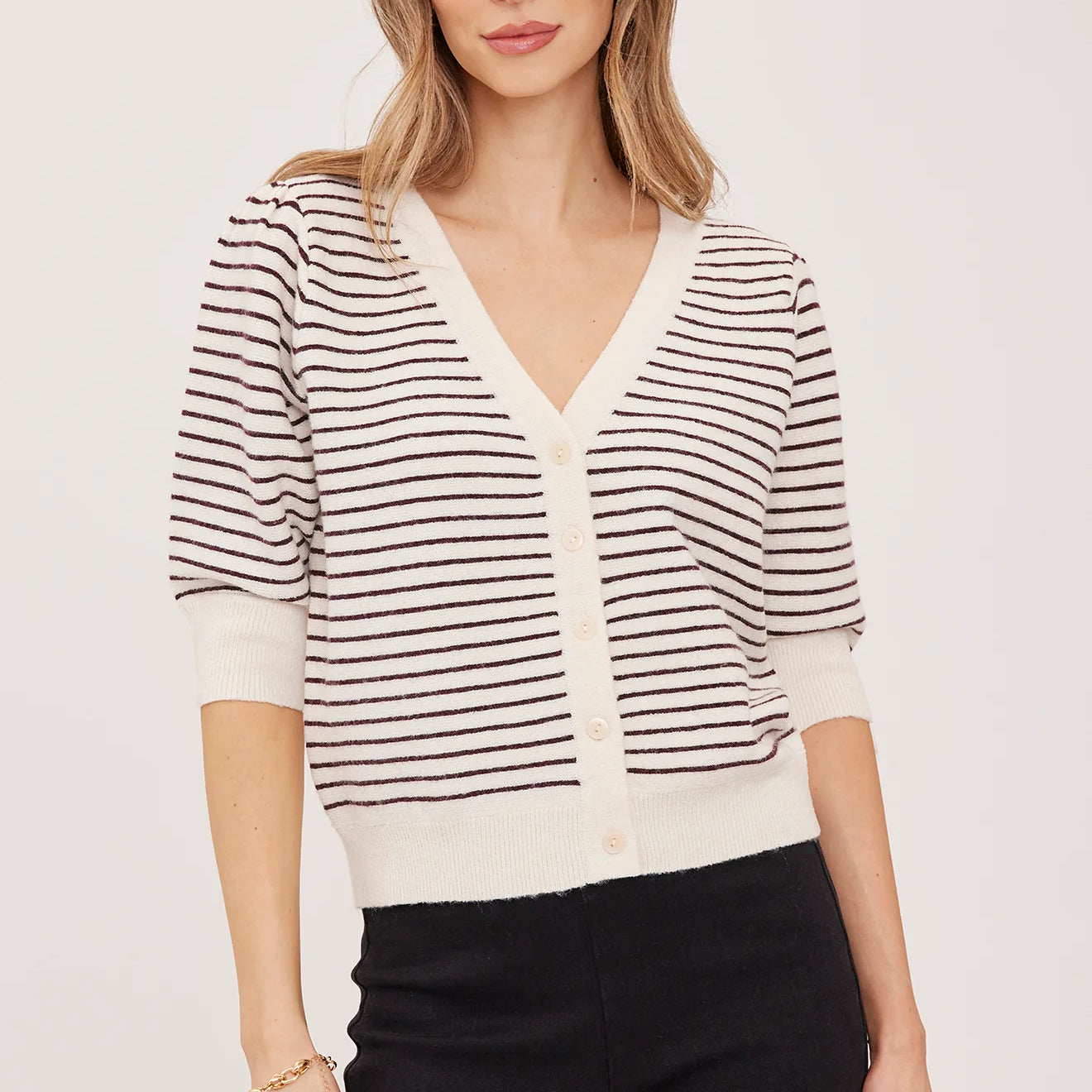 GENTLE FAWN HILDI V NECK CARDIGAN - FIG STRIPE
