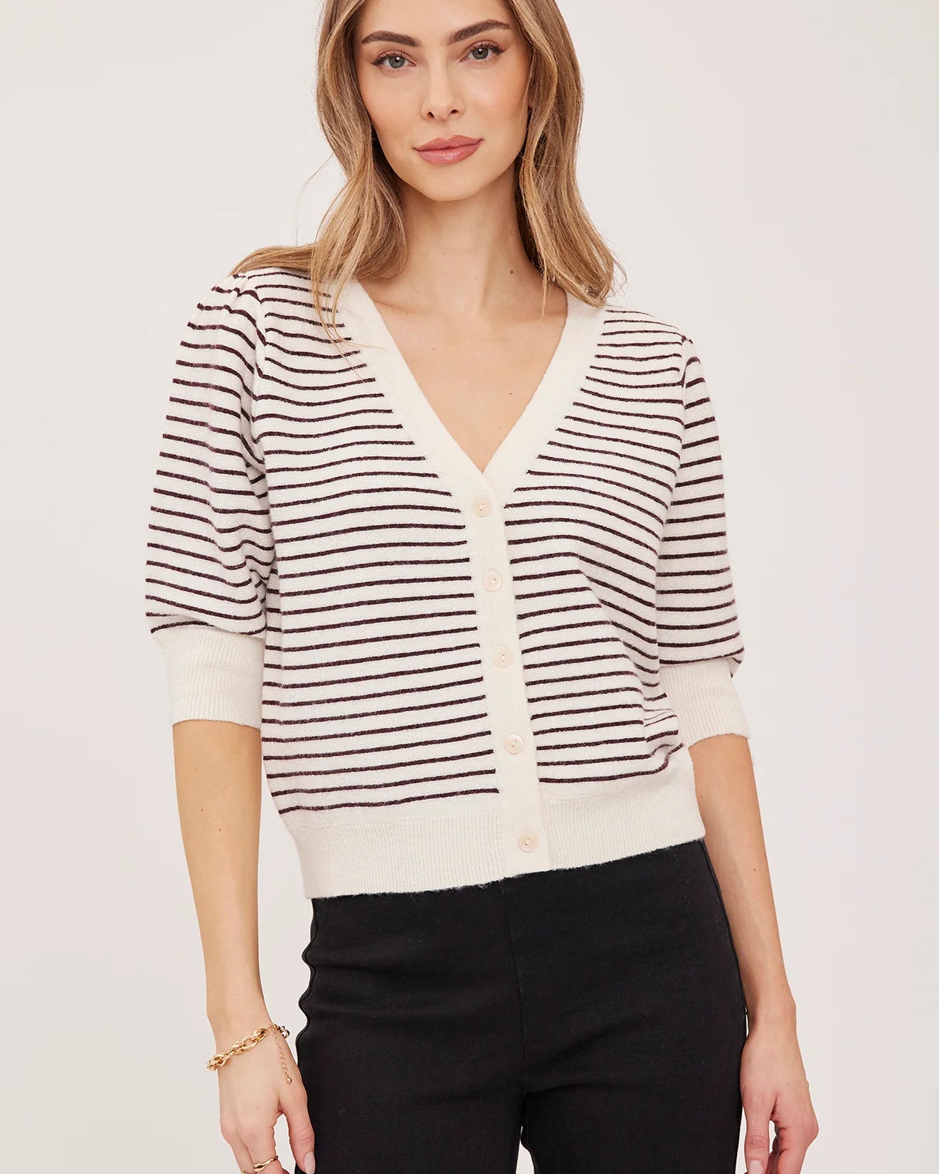 GENTLE FAWN HILDI V NECK CARDIGAN - FIG STRIPE