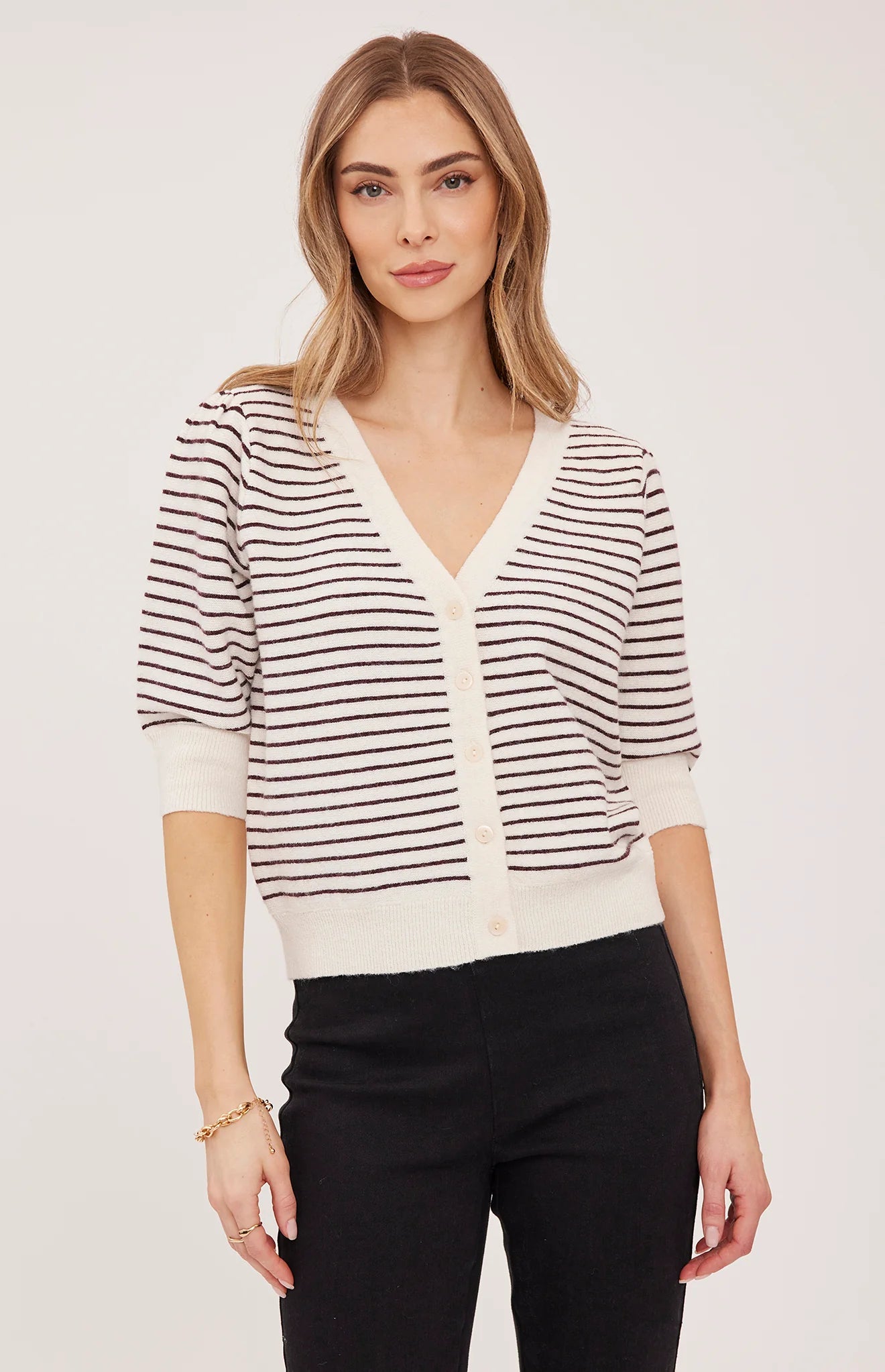 GENTLE FAWN HILDI V NECK CARDIGAN - FIG STRIPE