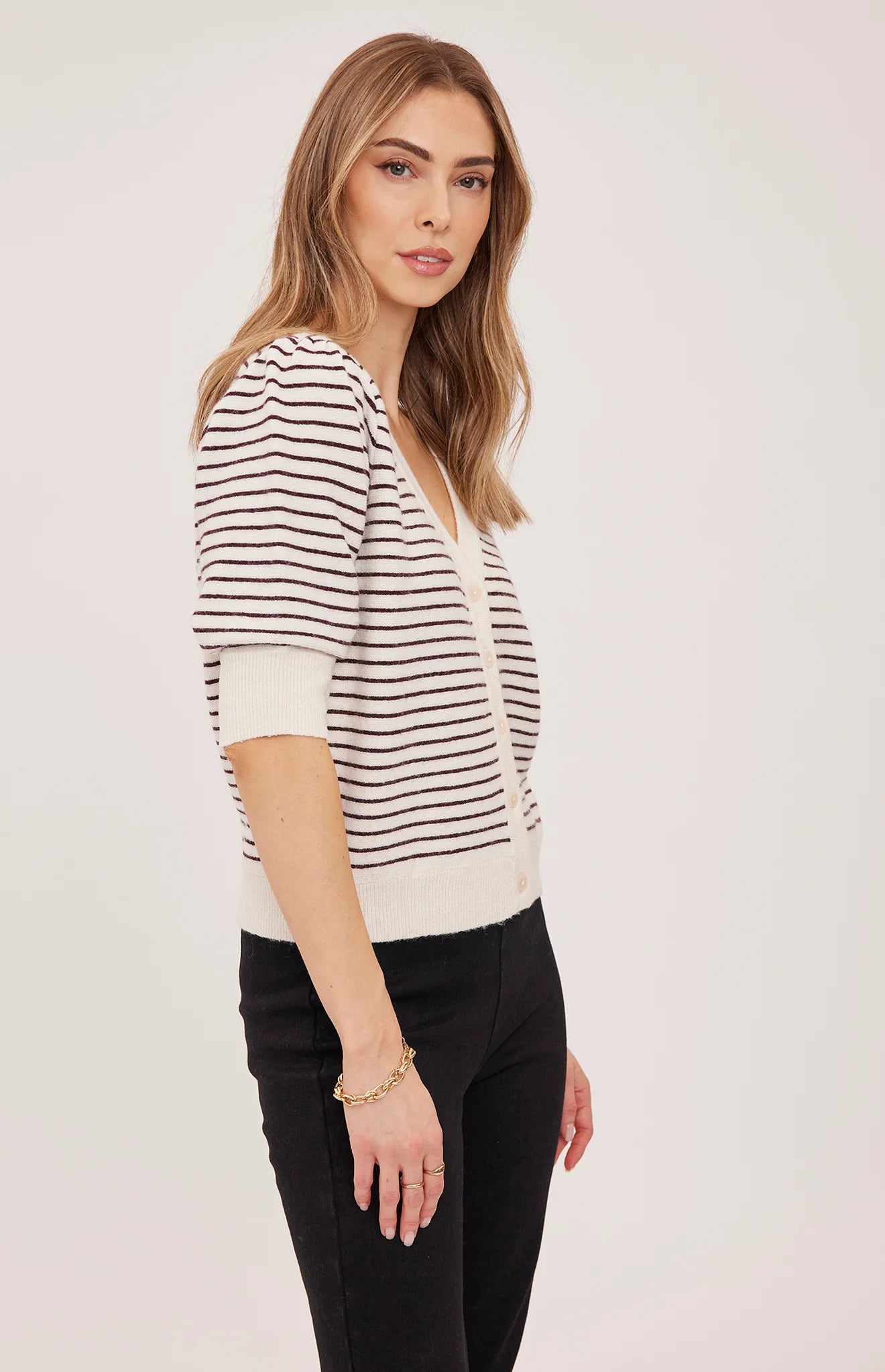 GENTLE FAWN HILDI V NECK CARDIGAN - FIG STRIPE