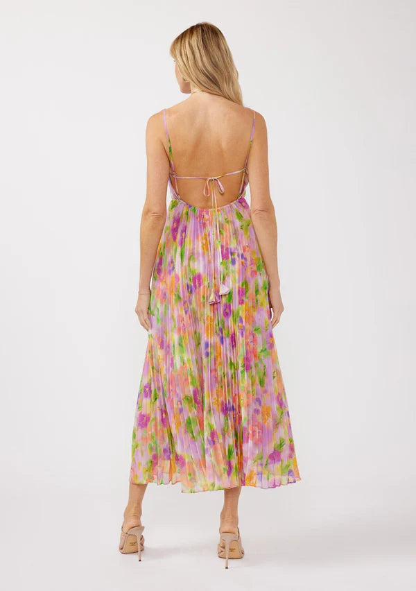 LOVE STITCH MYSTIC BLOOM PLEATED MIDI DRESS - WATERCOLOUR