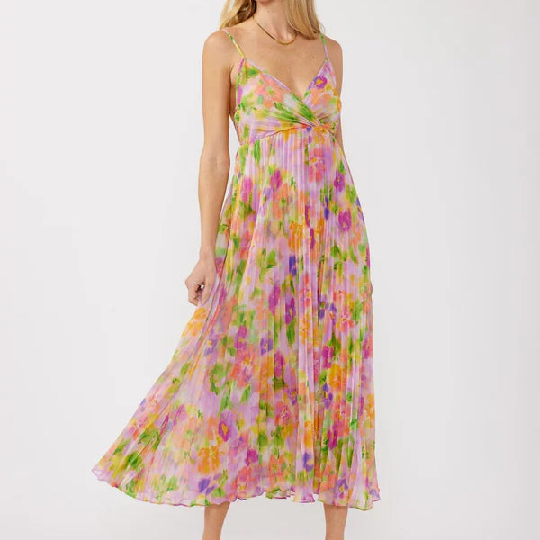 LOVE STITCH MYSTIC BLOOM PLEATED MIDI DRESS - WATERCOLOUR
