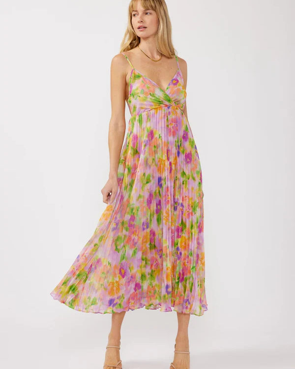 LOVE STITCH MYSTIC BLOOM PLEATED MIDI DRESS - WATERCOLOUR