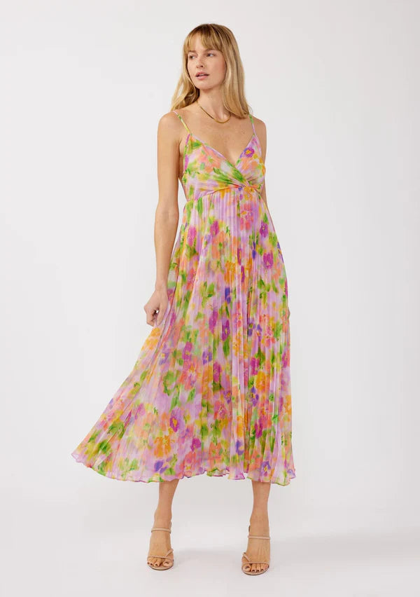 LOVE STITCH MYSTIC BLOOM PLEATED MIDI DRESS - WATERCOLOUR