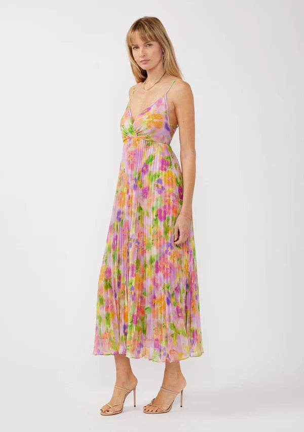 LOVE STITCH MYSTIC BLOOM PLEATED MIDI DRESS - WATERCOLOUR