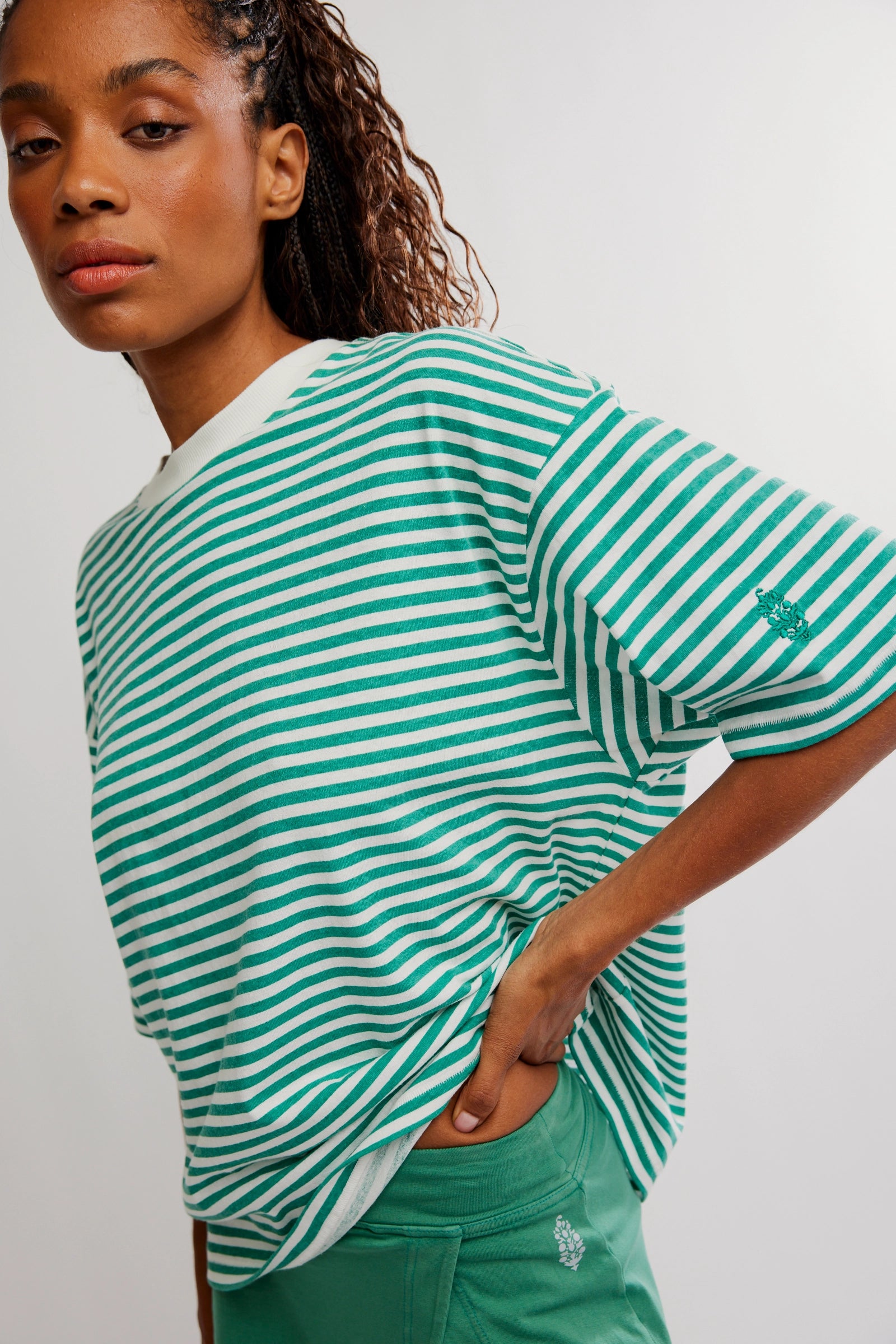 FREE PEOPLE STRIPE TACKLE TEE - GREEN COMBO