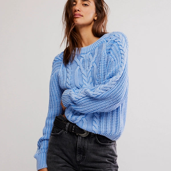 FREE PEOPLE FRANKIE CABLE SWEATER - DELLA BLUE