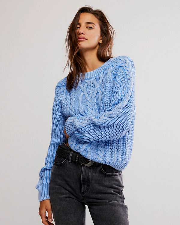 FREE PEOPLE FRANKIE CABLE SWEATER - DELLA BLUE