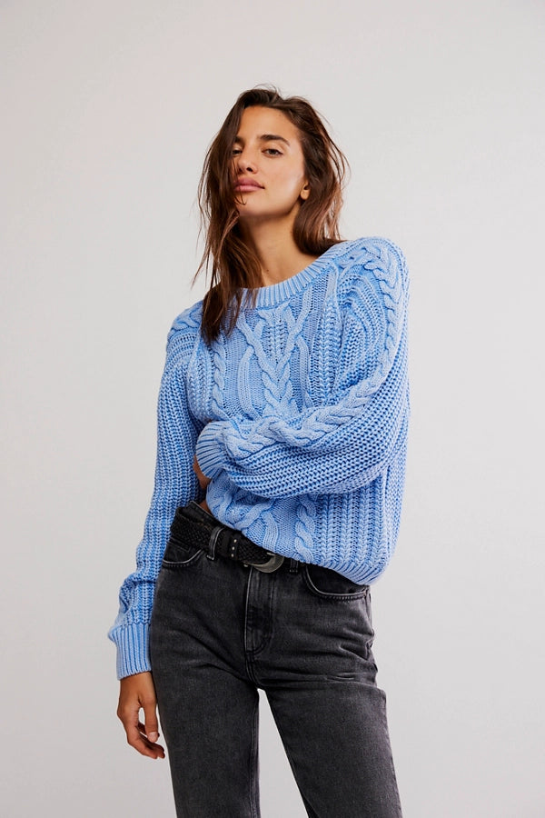 FREE PEOPLE FRANKIE CABLE SWEATER - DELLA BLUE