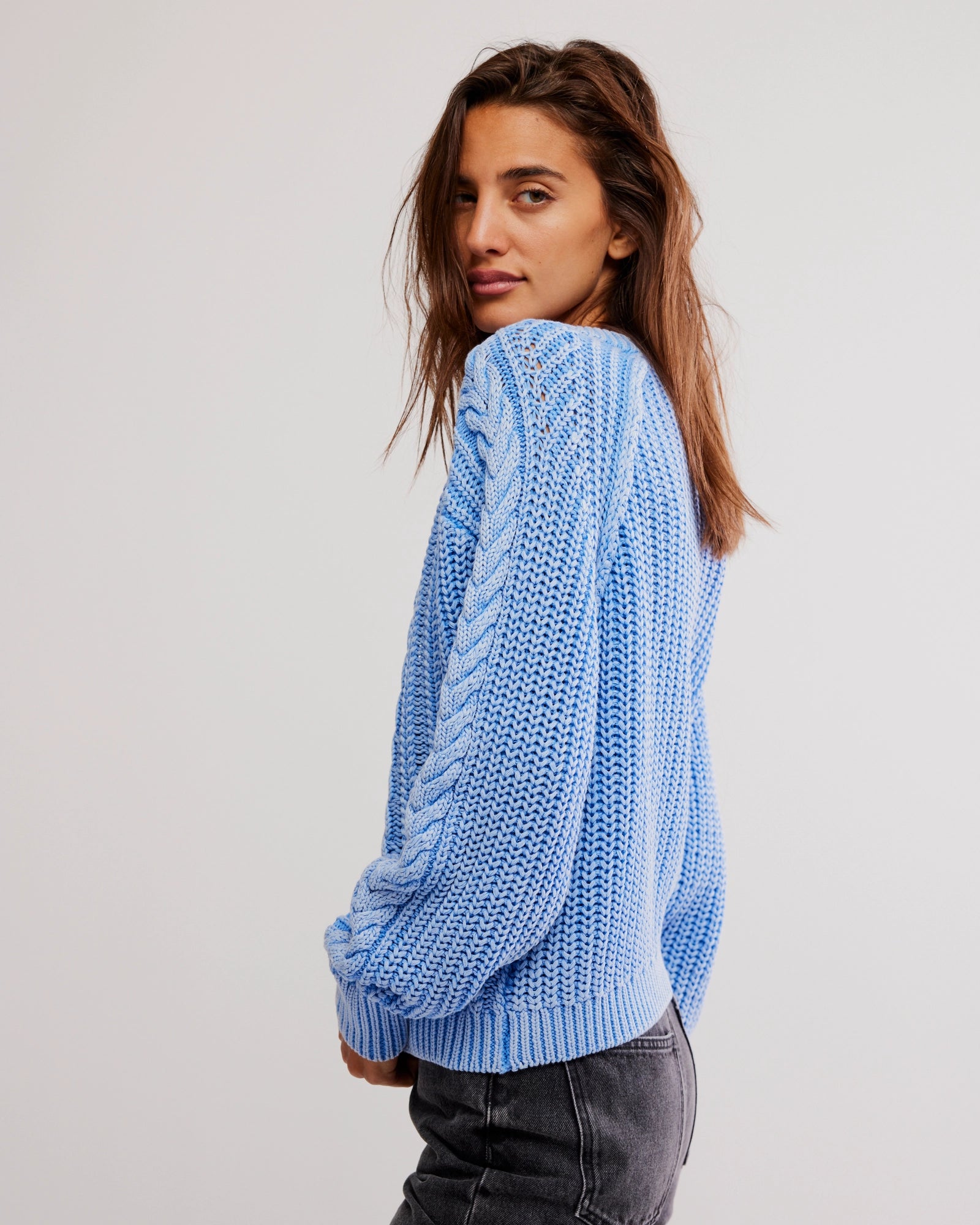 FREE PEOPLE FRANKIE CABLE SWEATER - DELLA BLUE
