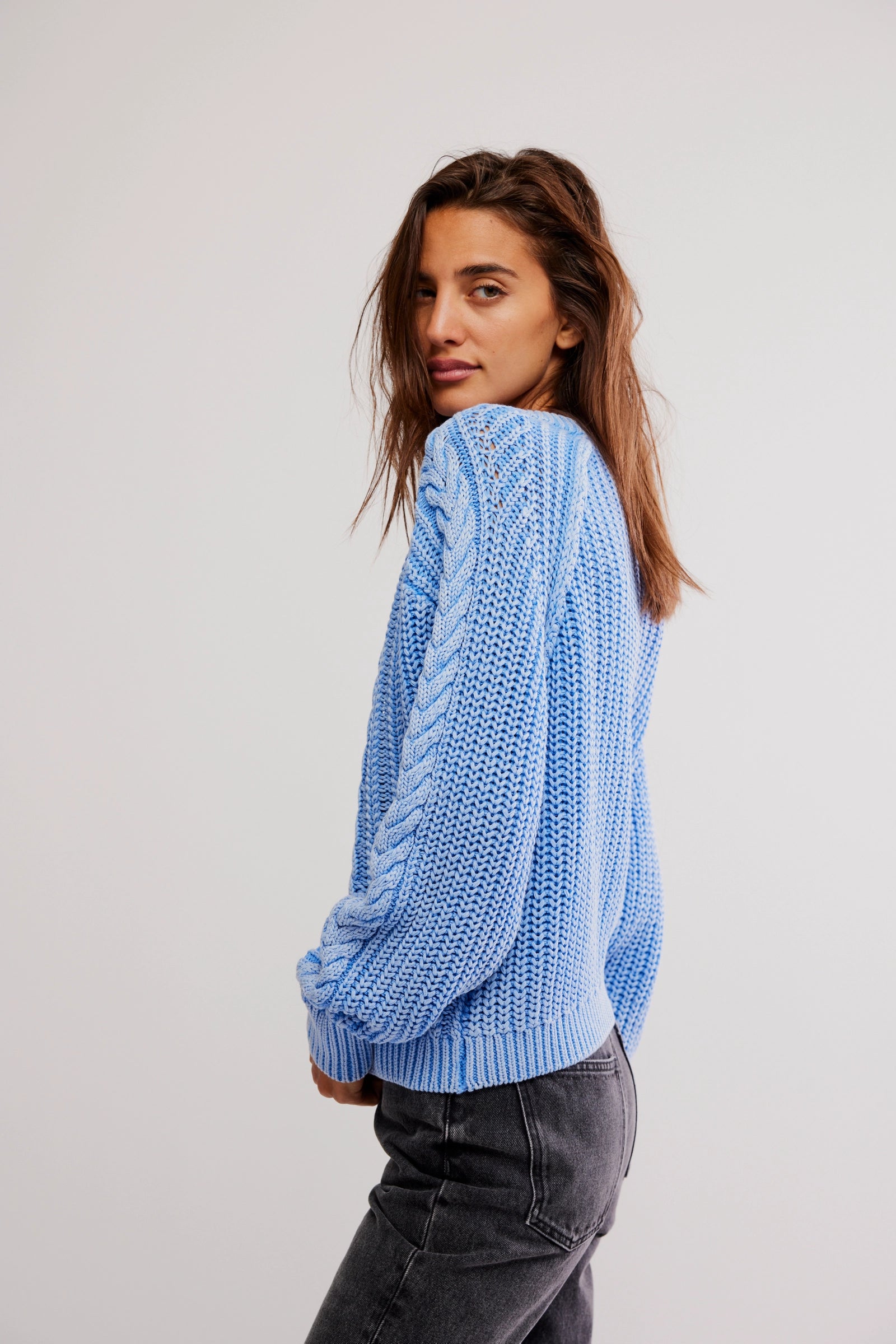 FREE PEOPLE FRANKIE CABLE SWEATER - DELLA BLUE