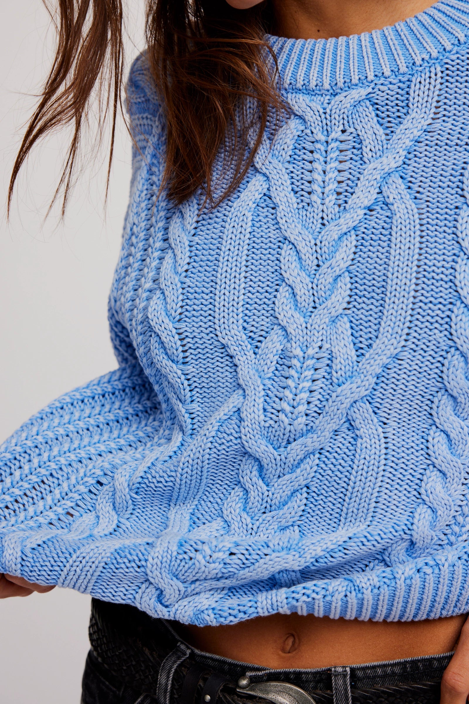 FREE PEOPLE FRANKIE CABLE SWEATER - DELLA BLUE