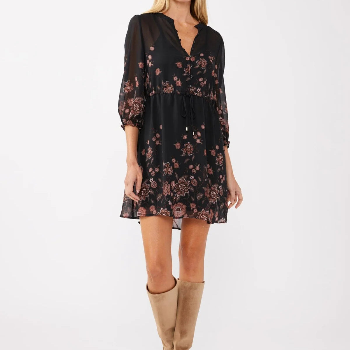 LOVESTITCH THAT MOMENT PRINTED DRESS - BLACK + DUSTY ROSE