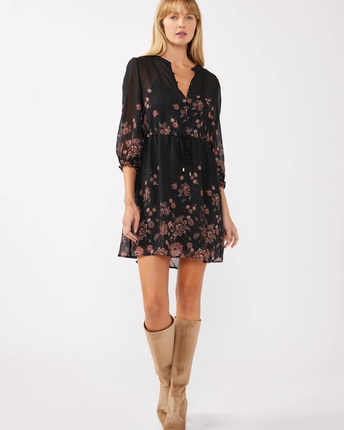 LOVESTITCH THAT MOMENT PRINTED DRESS - BLACK + DUSTY ROSE