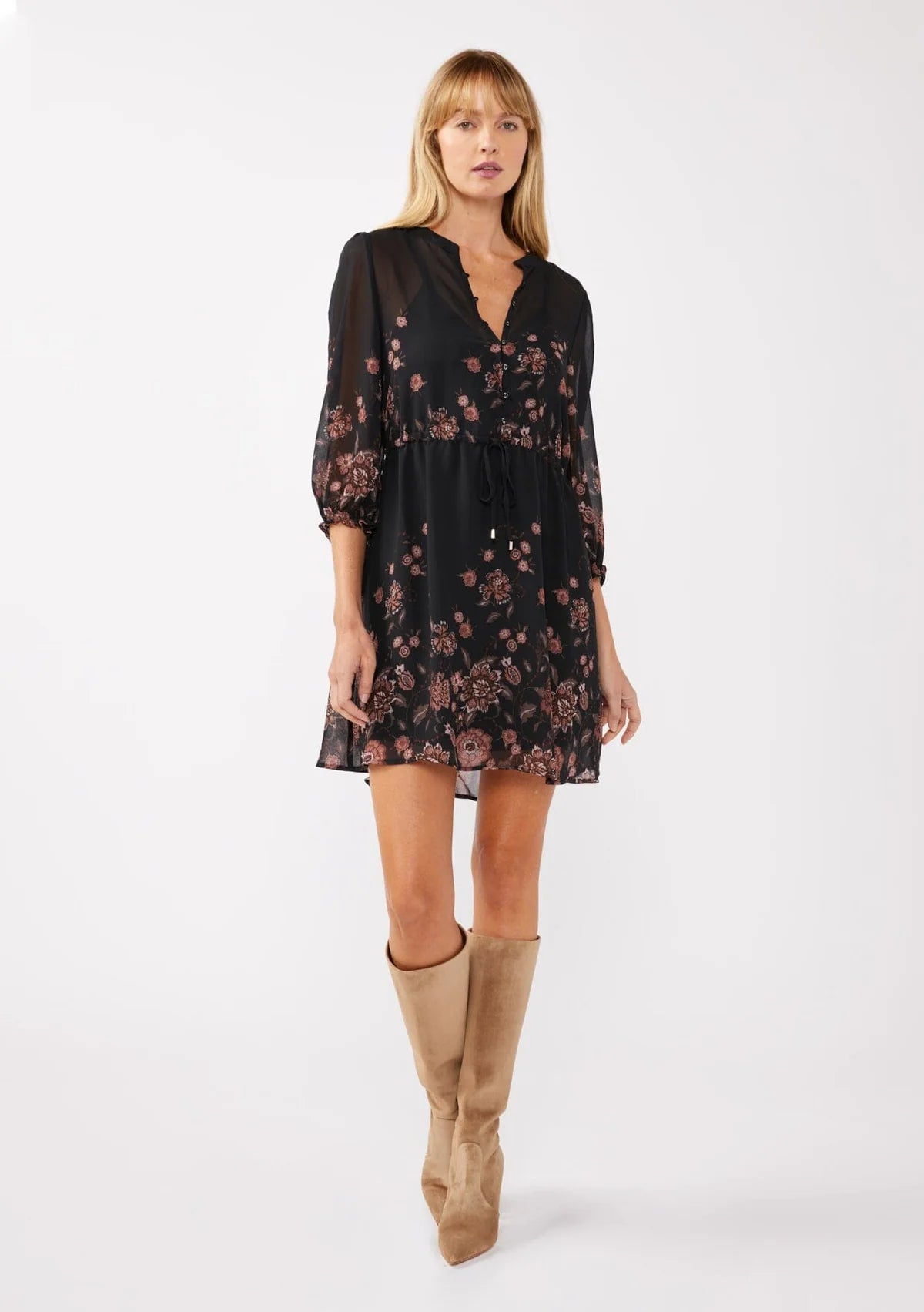LOVESTITCH THAT MOMENT PRINTED DRESS - BLACK + DUSTY ROSE