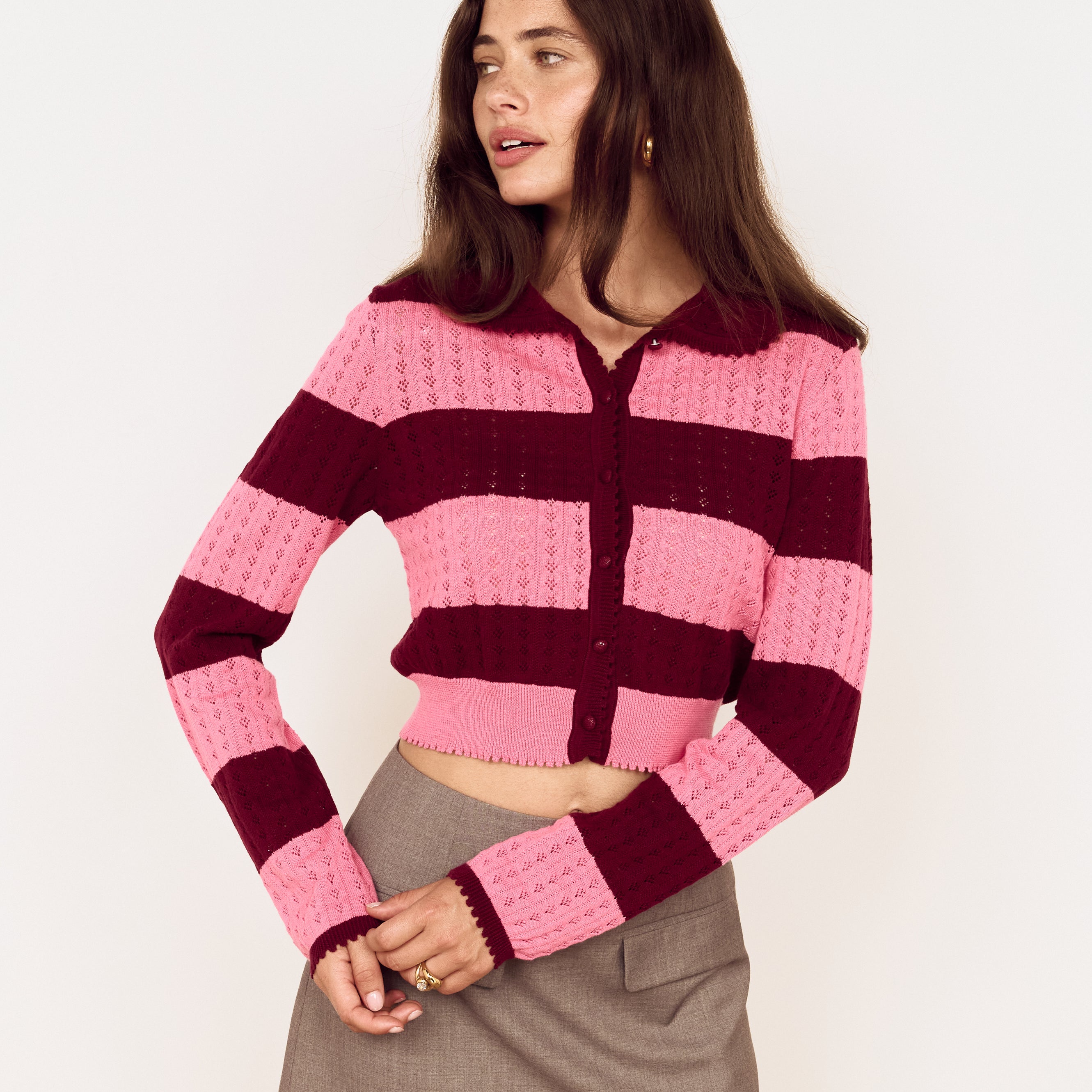 MINKPINK LOURDES STRIPED CARDIGAN - WINE + PINK