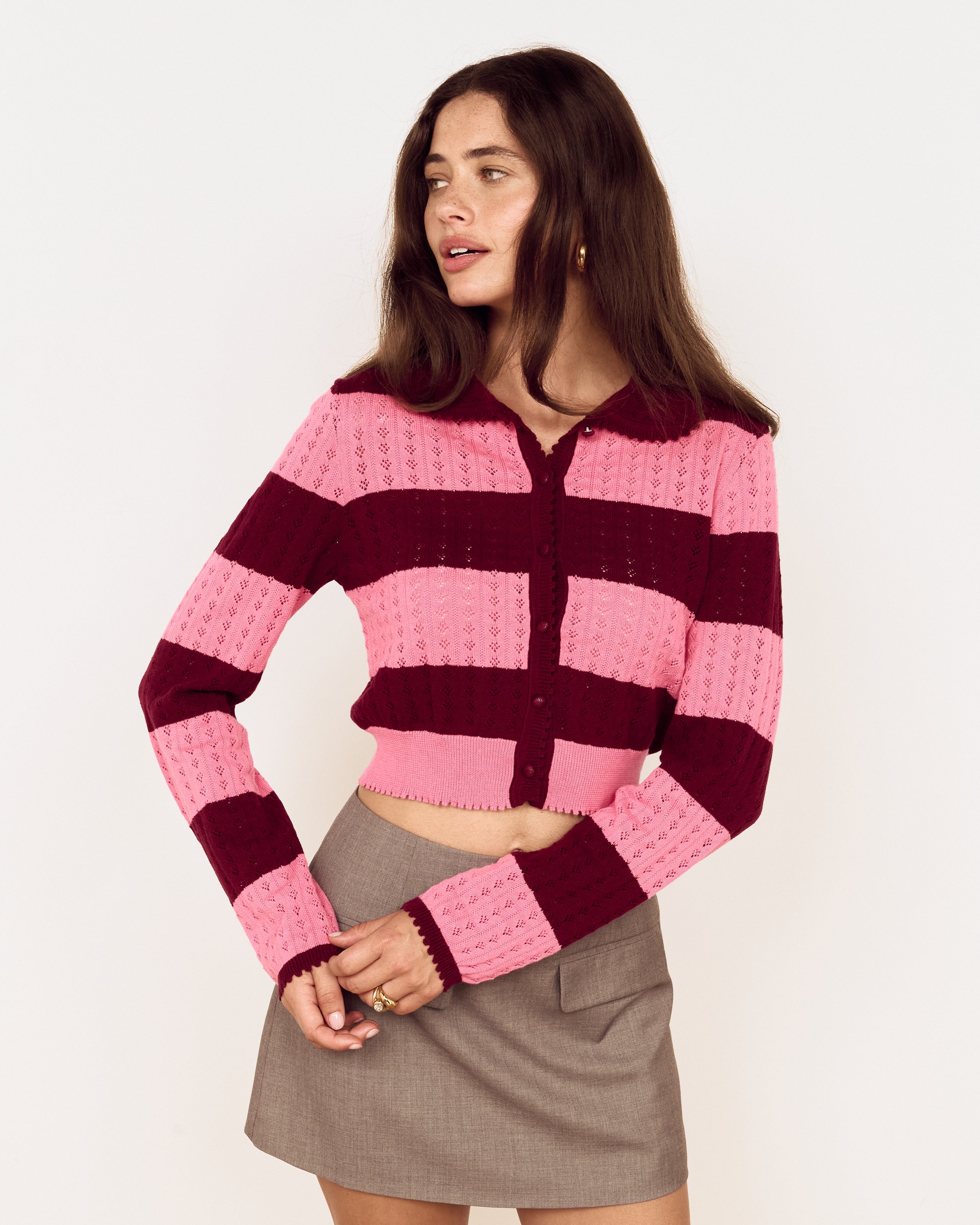 MINKPINK LOURDES STRIPED CARDIGAN - WINE + PINK