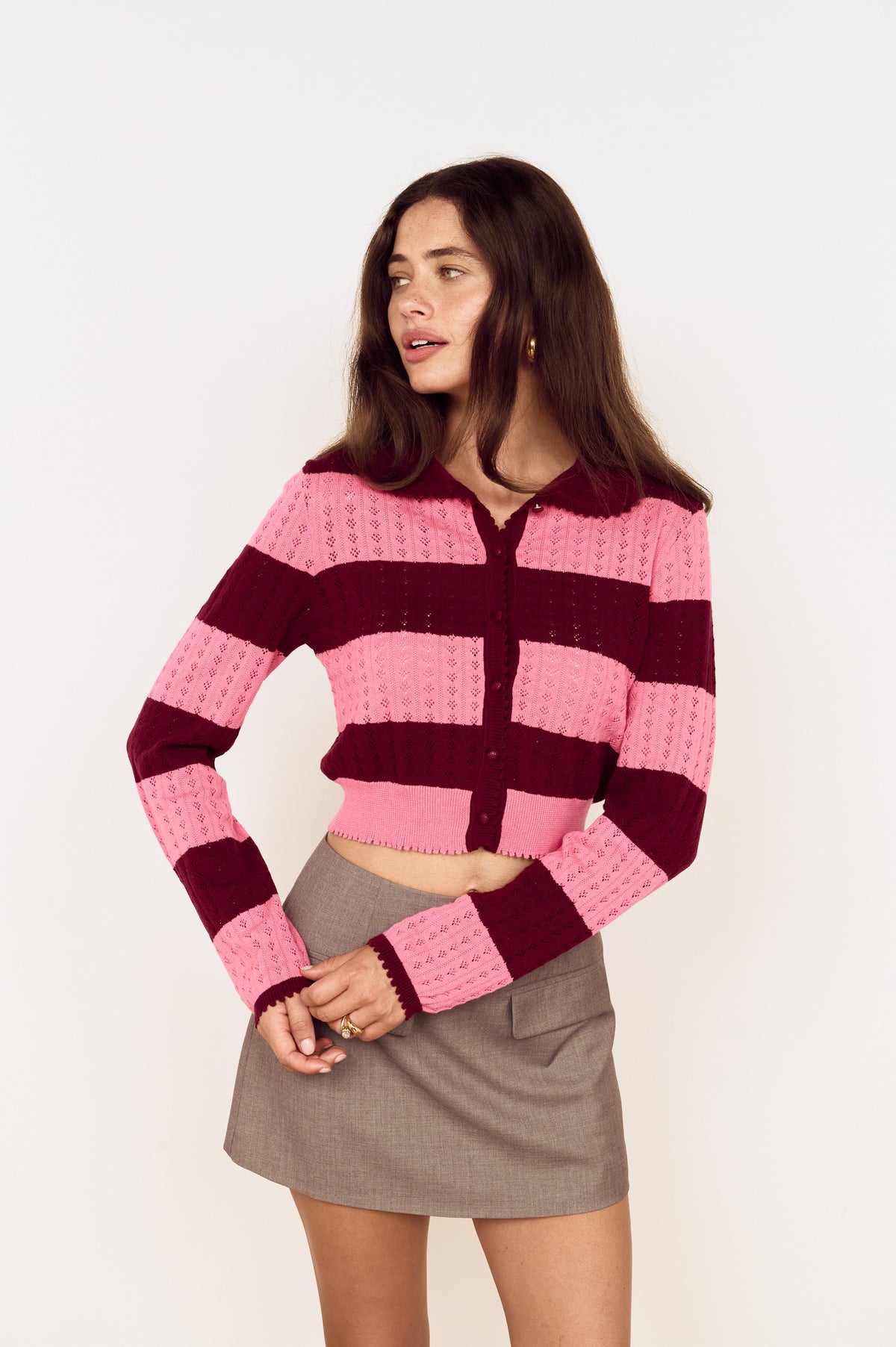 MINKPINK LOURDES STRIPED CARDIGAN - WINE + PINK