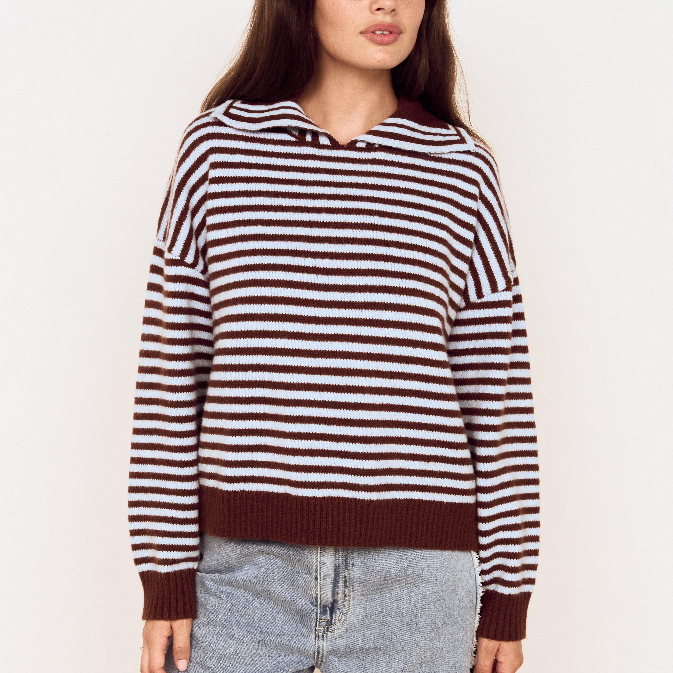 MINKPINK SUTTON STRIPED POLO SWEATER - CHOCOLATE + BLUE