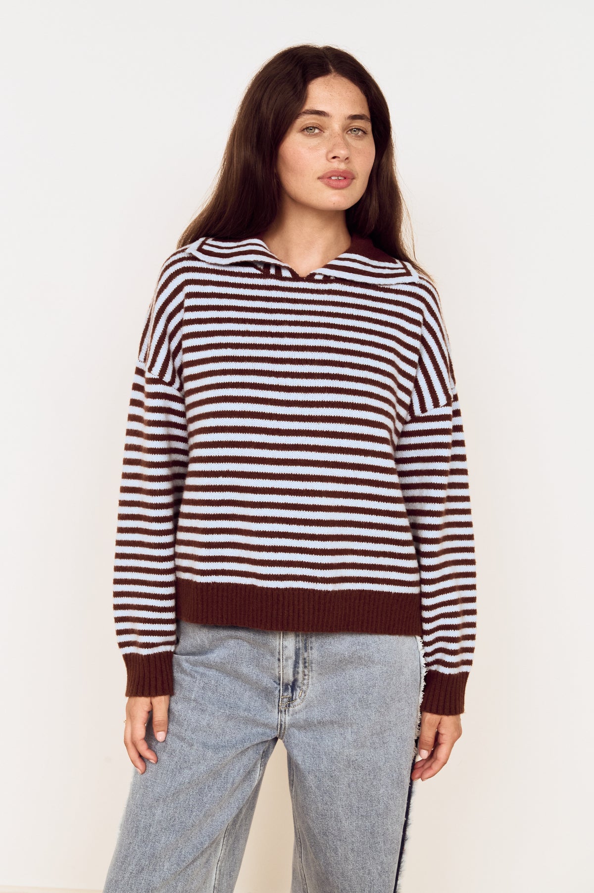 MINKPINK SUTTON STRIPED POLO SWEATER - CHOCOLATE + BLUE
