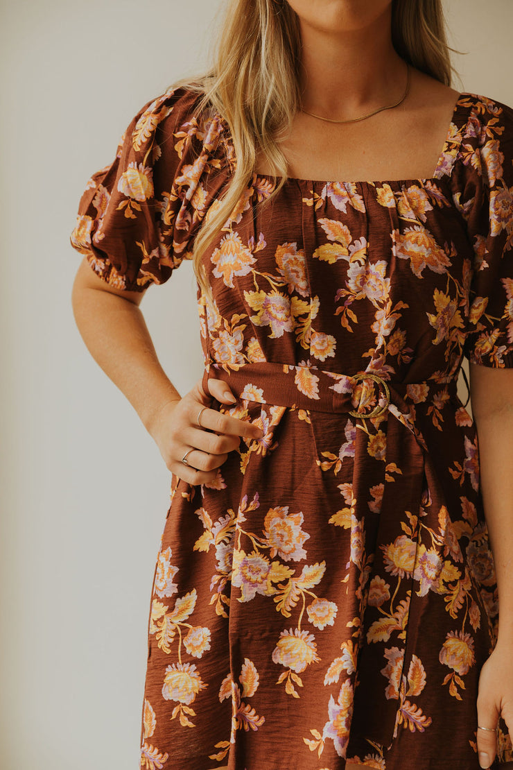 GISELLE BELTED MINI DRESS - BROWN FLORAL