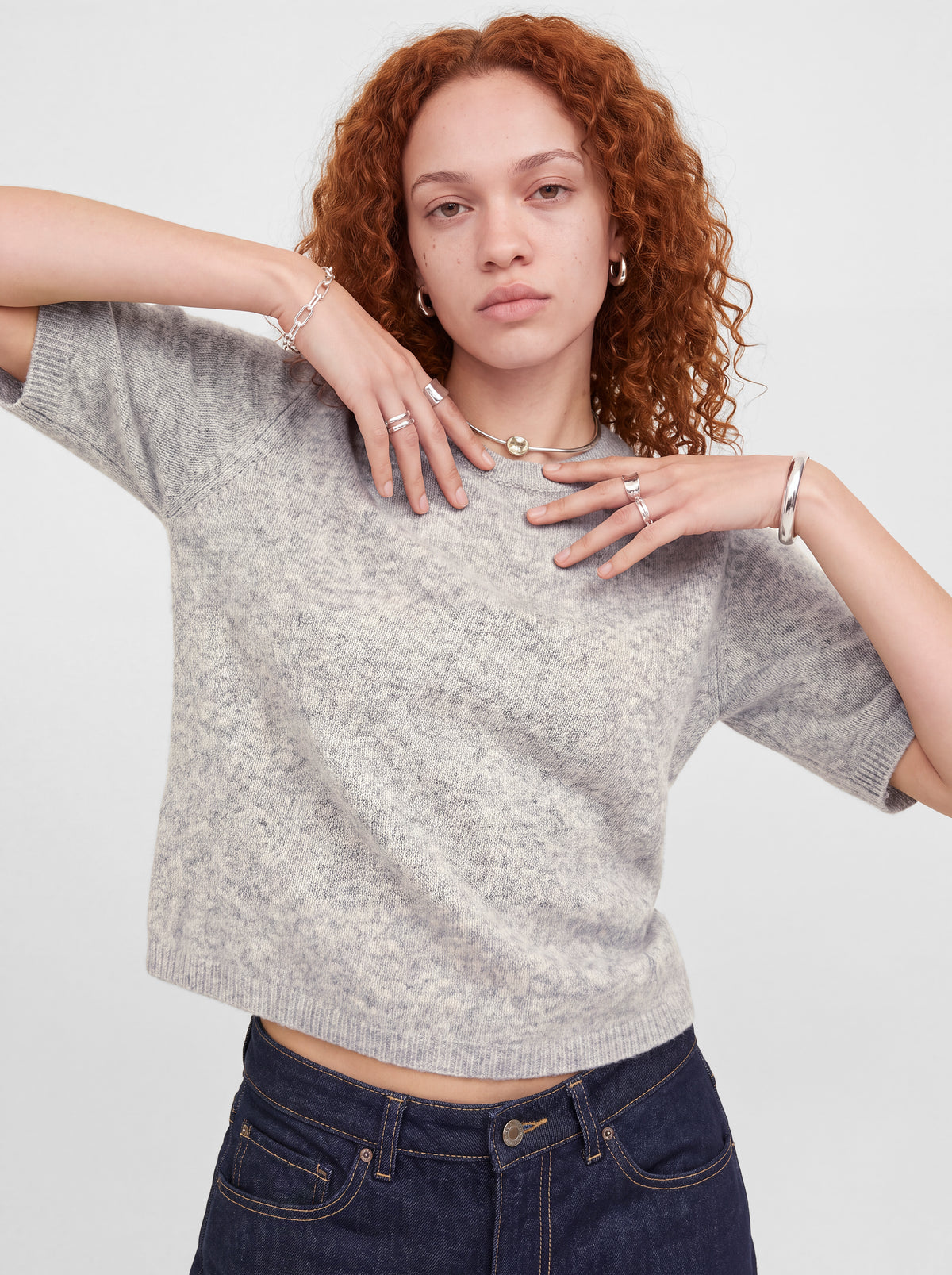 JJXX VALERIA SS KNIT SHIRT - LIGHT GREY MELANGE