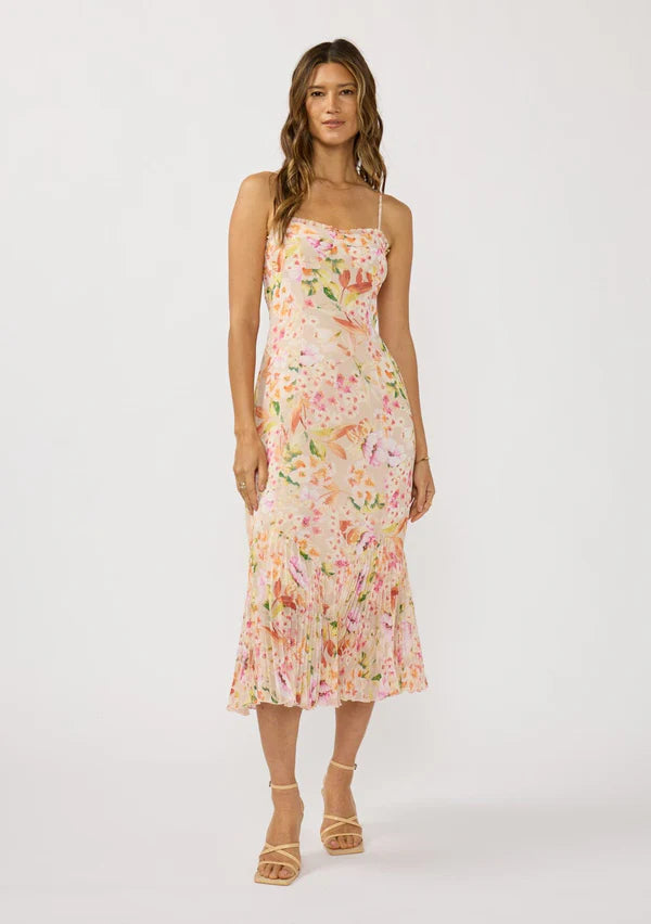 LOVE STITCH SONGBIRD PLEATED MIDI DRESS - NATURAL FUSCHIA