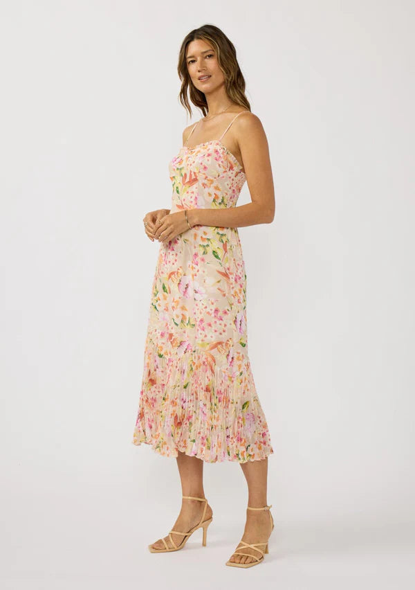 LOVE STITCH SONGBIRD PLEATED MIDI DRESS - NATURAL FUSCHIA