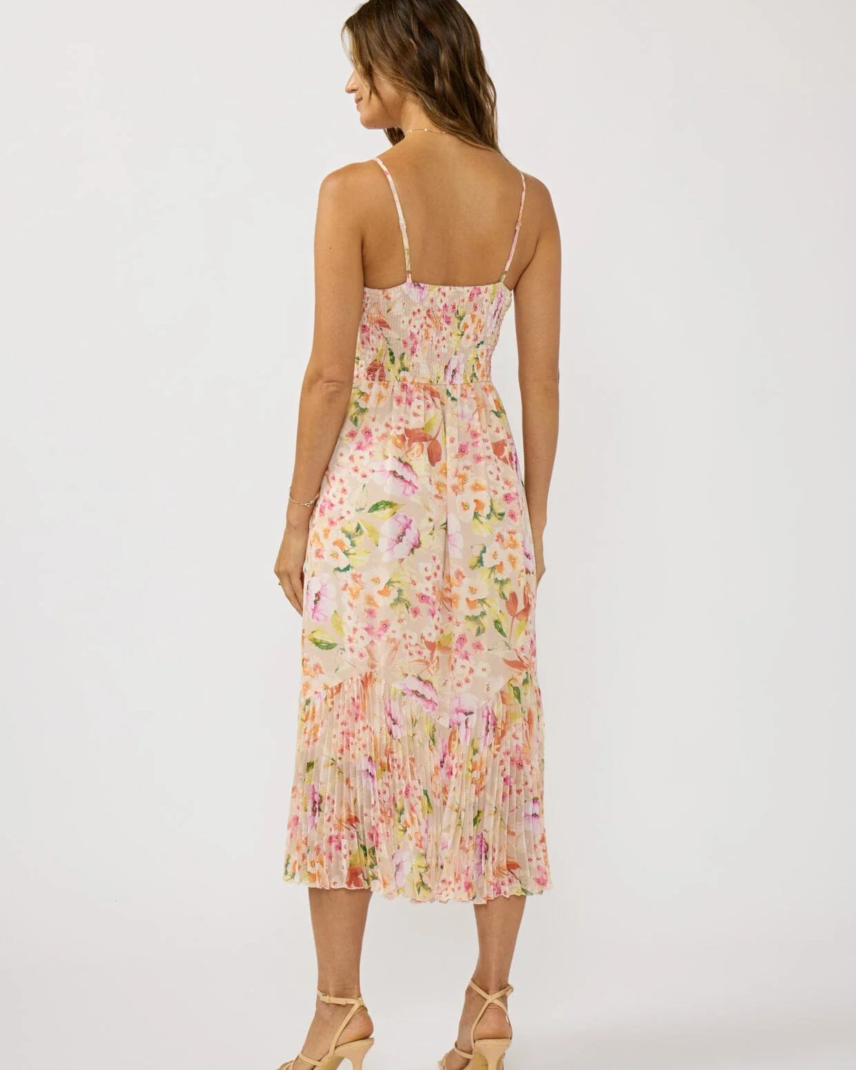 LOVE STITCH SONGBIRD PLEATED MIDI DRESS - NATURAL FUSCHIA